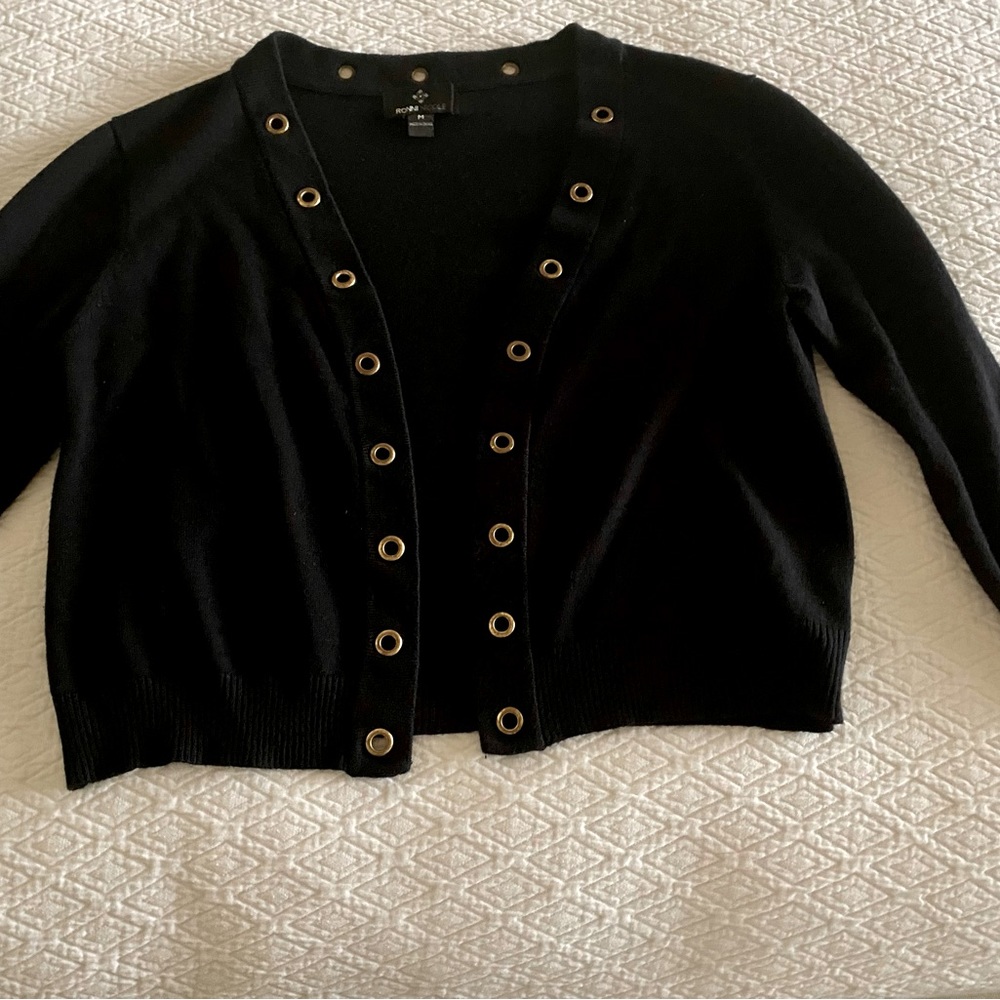 Black Crop Cardigan with Round Gold Colored Accents, Size Medium